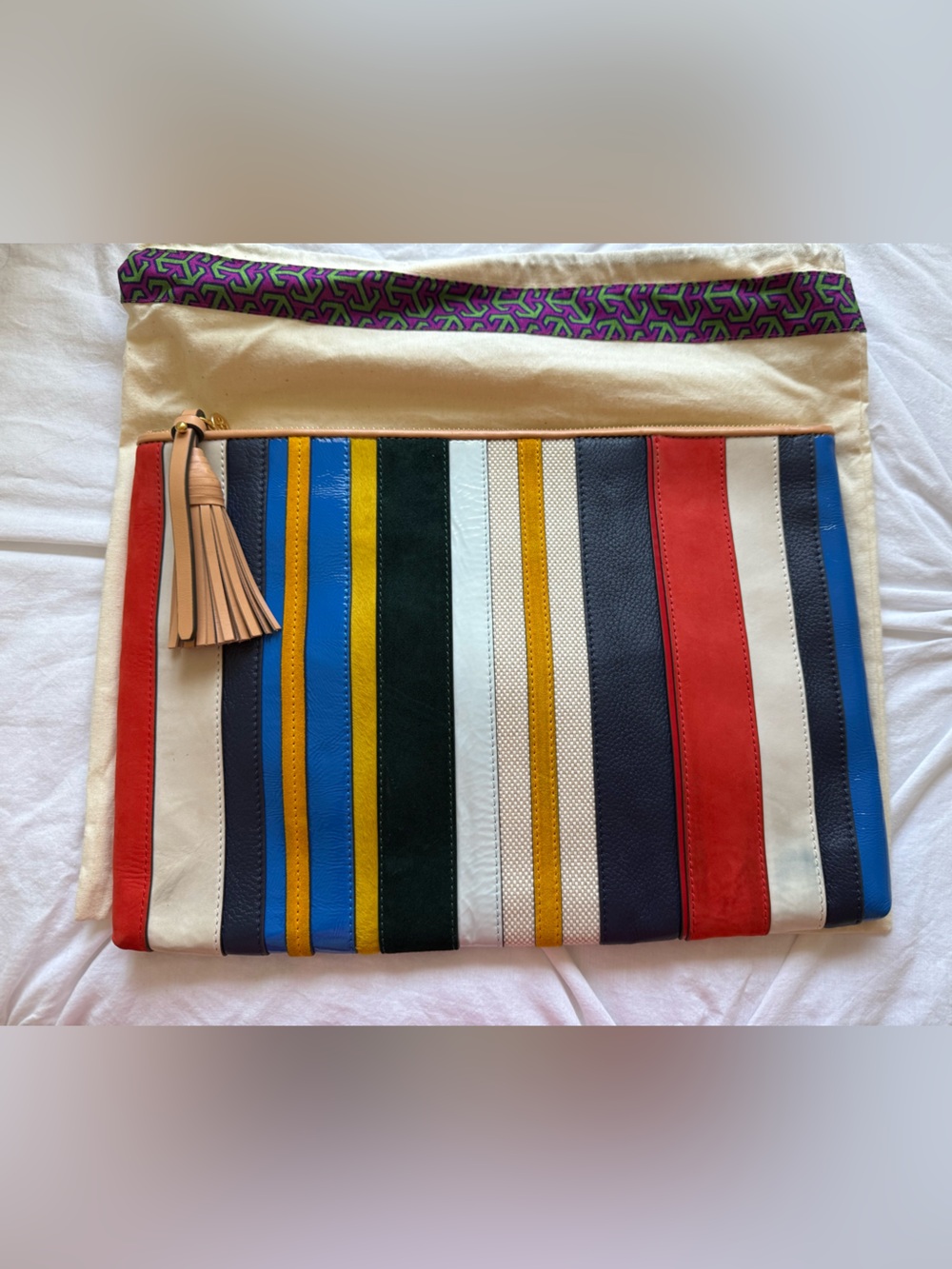 Striped Multicolor Leather Clutch with Tassel
